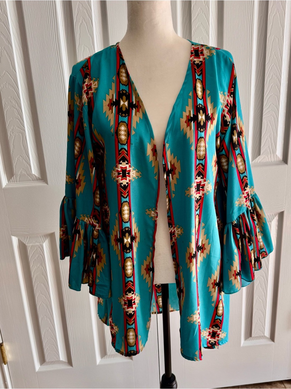 Turquoise Aztec Open-Front Women's Duster - Picture 3 of 7